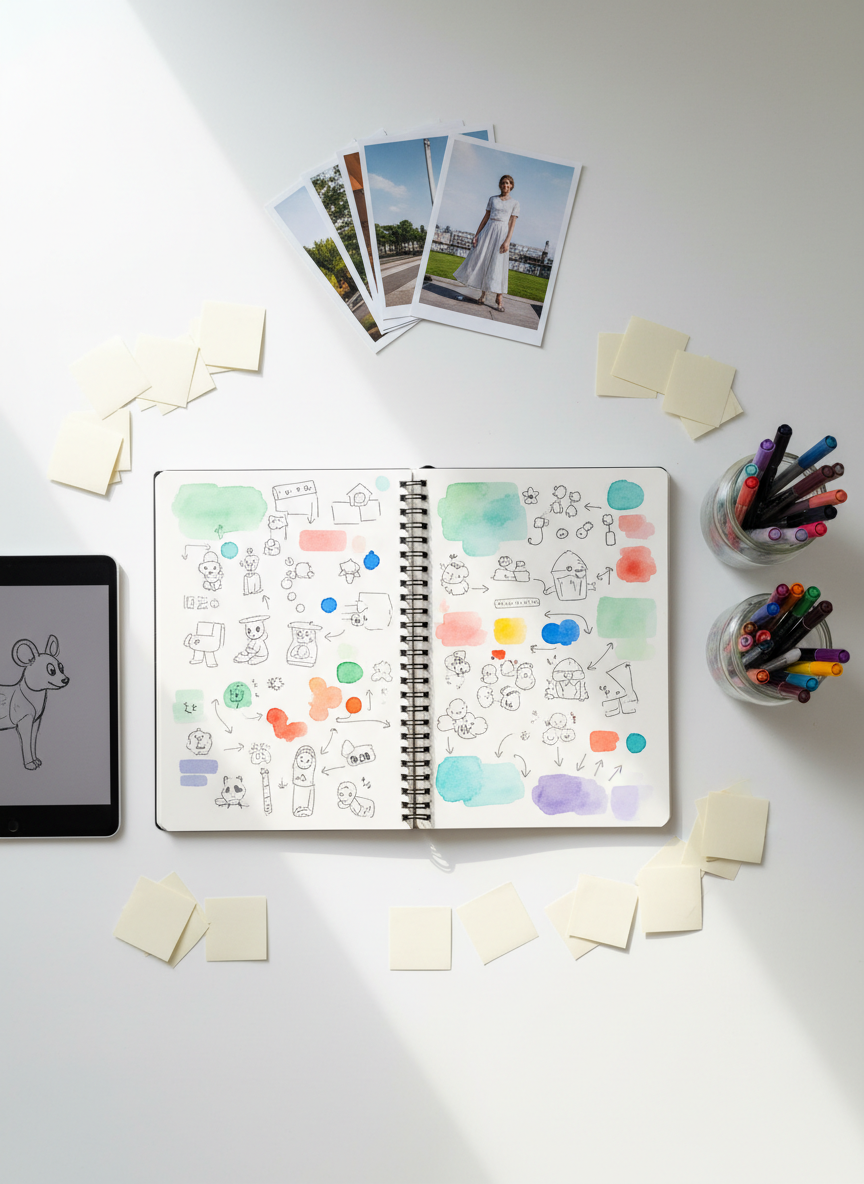 An overhead, photographic view of a creative planning session laid out on a large white desk, without any people present. In the center lies a big open sketchbook filled with thumbnail drawings, color swatches, and arrows connecting ideas for custom illustration projects. Around it are sticky notes replaced by small blank paper squares, stacks of reference images, a tablet showing a black-and-white sketch, and jars holding pens and markers. A playful color palette of pastels and bright accents appears throughout the materials. Bright but diffused daylight from a nearby window gives everything a clean, modern look, with soft shadows and no harsh contrast. The mood is energetic yet organized, emphasizing the thoughtful, tailored process behind creative, made-to-order artwork.