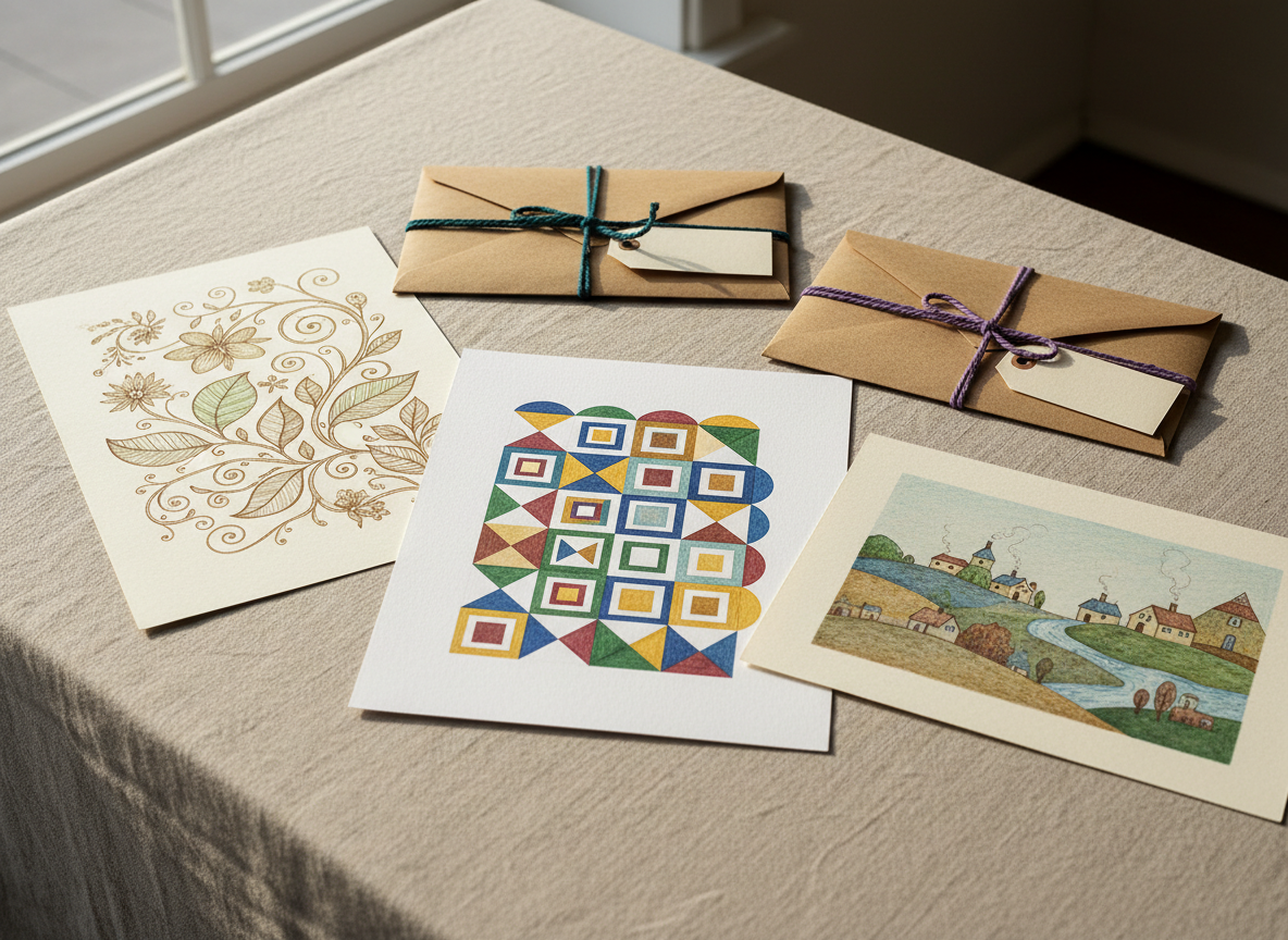 A photographic still life of made-to-order creative work ready for delivery, arranged on a neutral linen-covered table. Several different custom drawings are fanned out: one botanical-inspired piece with intricate leaves and flowers, one abstract geometric pattern in playful colors, and one gentle landscape with stylized hills and houses, all meticulously rendered on thick, high-quality paper. Each drawing has a kraft-paper folder beside it, tied with colorful string and a small blank tag, suggesting personalized packaging. Soft, indirect morning light from a nearby window illuminates the paper fibers and the rich pigments, creating delicate, crisp shadows. Shot from a slightly elevated angle with sharp focus throughout, the scene feels thoughtful, professional, and lovingly handcrafted, fully grounded in photographic realism.