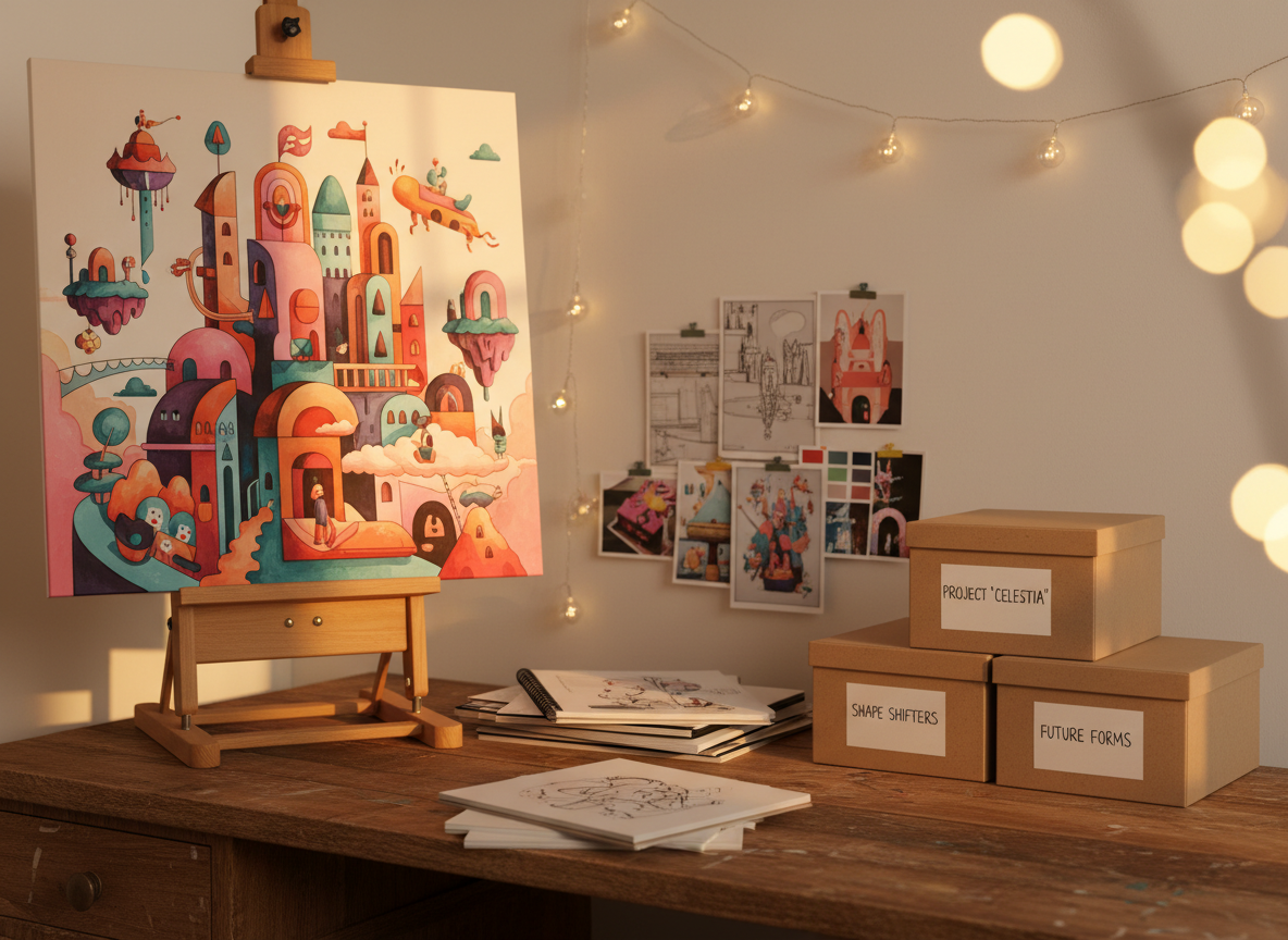 A cozy, slightly messy creative corner captured at eye level: a sturdy wooden table against a light wall, covered with stacked sketchbooks, clipped reference images, and neatly labeled boxes for custom projects. On an easel-style stand rests a finished, vibrant illustration featuring an imaginative cityscape and playful characters represented as simple, stylized shapes without faces, emphasizing creativity rather than people. Golden hour sunlight streams across the scene, catching the edges of the artwork and giving the colors a warm glow. Soft-focus fairy lights hang in the background, adding sparkle and whimsy. The composition uses the rule of thirds, balancing the main artwork with supporting objects and creating a welcoming, artistic atmosphere in realistic photographic detail.